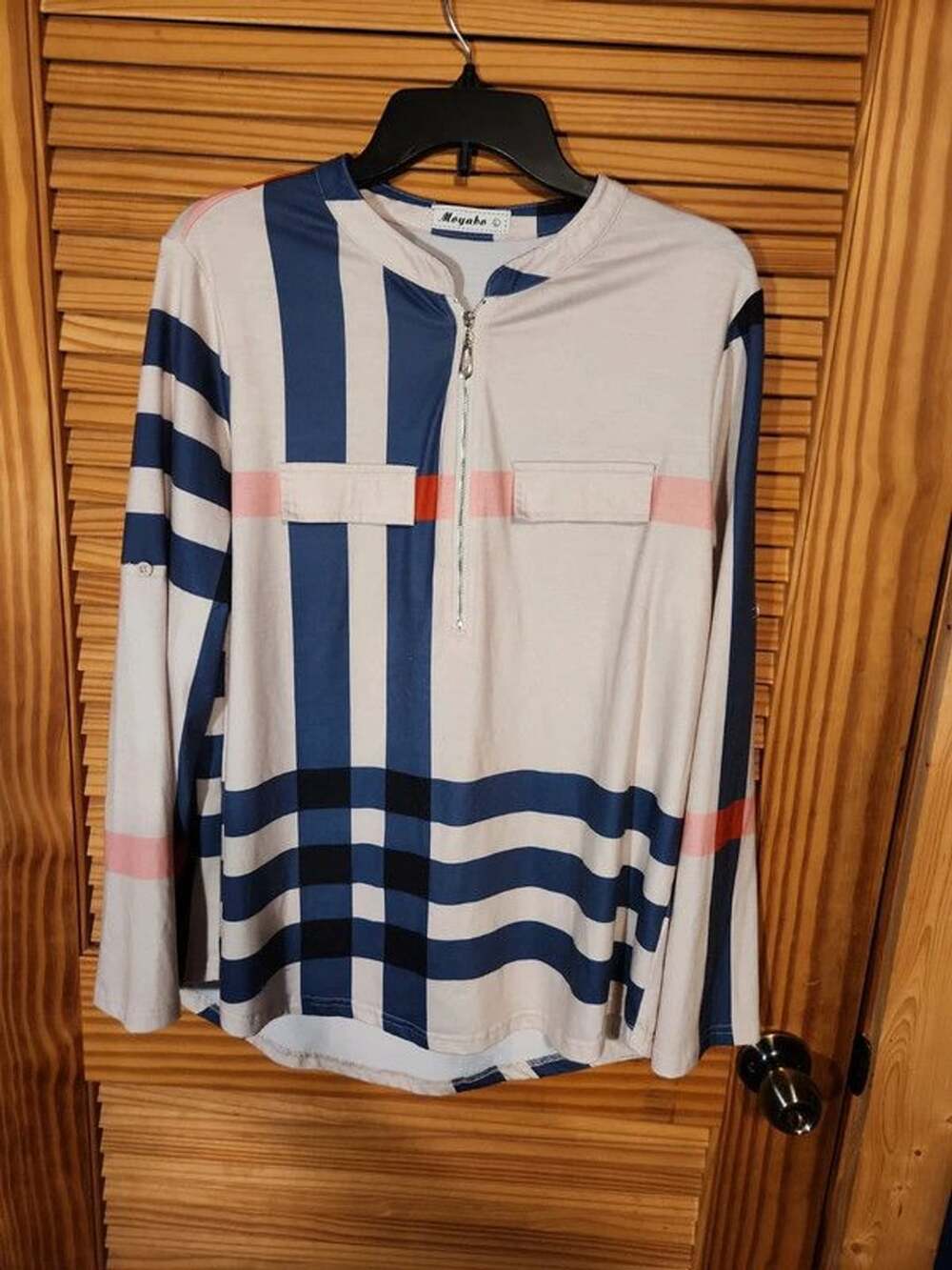 Moyabo Plaid Half-Zip Tunic Blouse | Navy, Cream & Pink Accent | Size Large